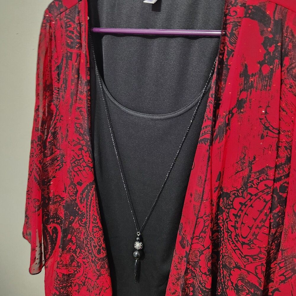 Rebecca Malone Blouse Size 1X Black Red Color Poncho Attached - Picture 7 of 16